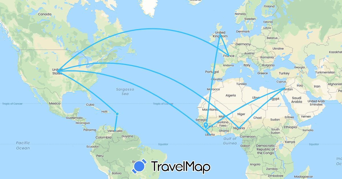 TravelMap itinerary: driving, boat in France, United Kingdom, Israel, Liberia, Nigeria, Sierra Leone, United States, Venezuela (Africa, Asia, Europe, North America, South America)